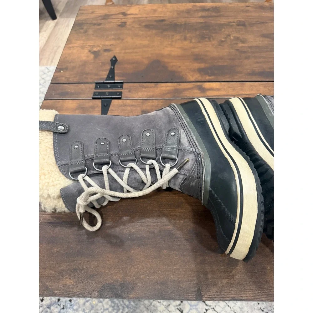 Sorel Joan of Arctic Boots Women 7 Gray Black Waterproof Faux Fur Winter Snow